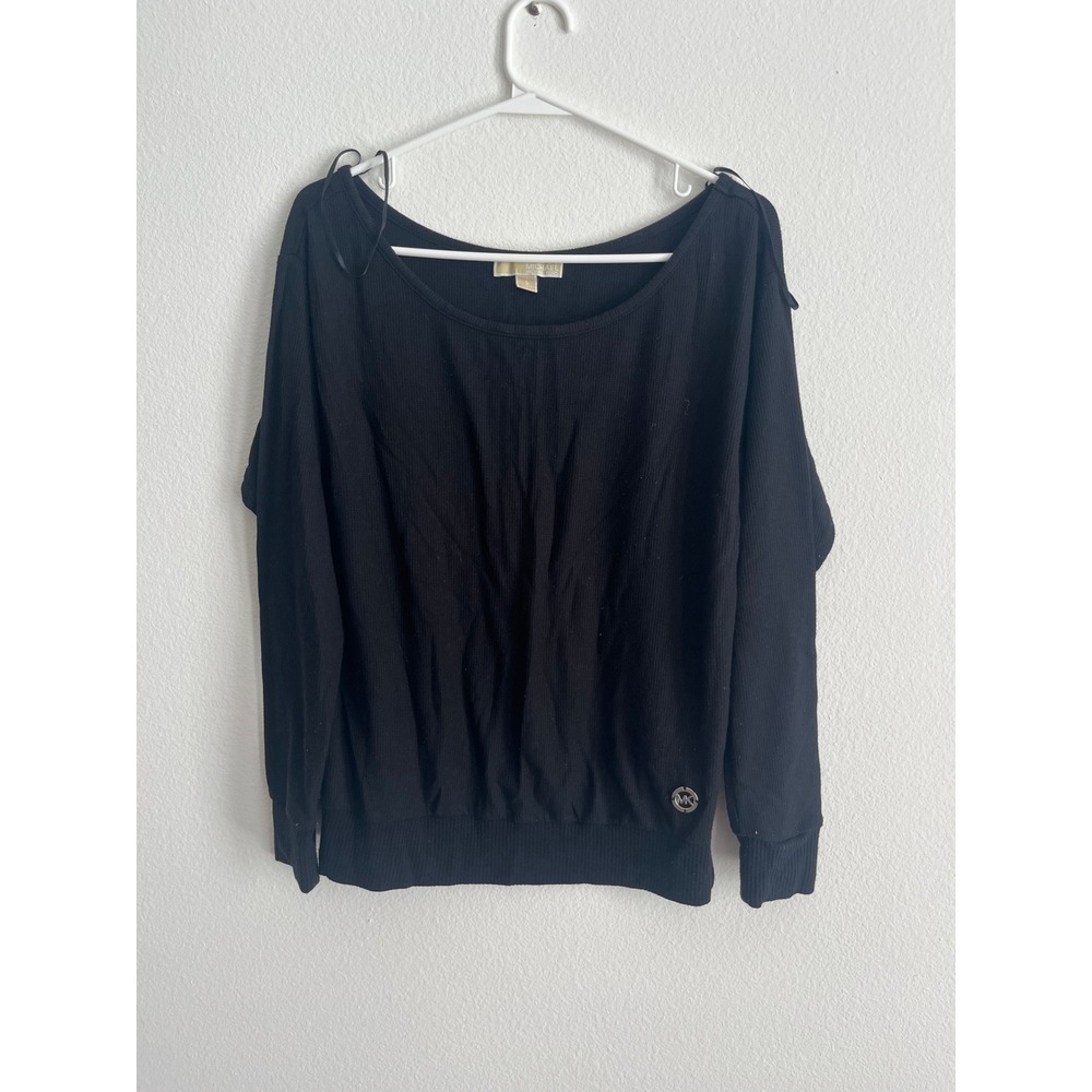 Michael Michael Kors Womens Black Ribbed Long Sleeve Scoop Neck Logo Top Small